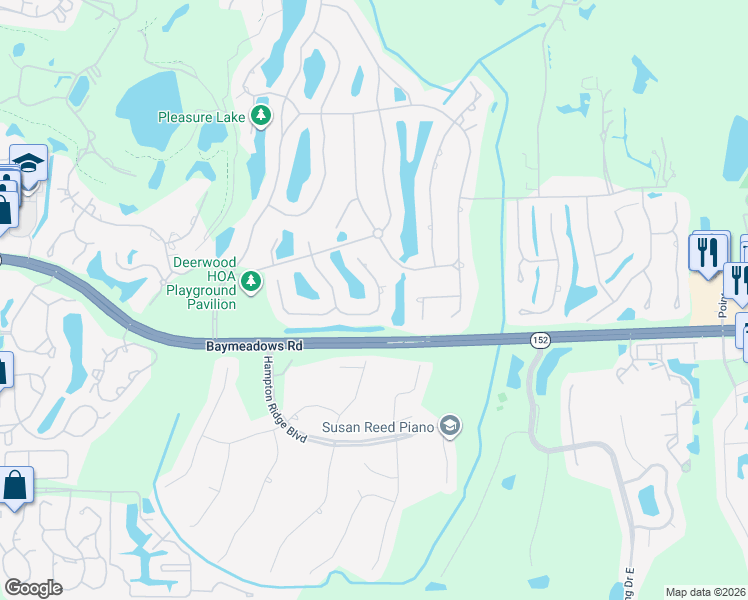 map of restaurants, bars, coffee shops, grocery stores, and more near 8270 Riding Club Road East in Jacksonville