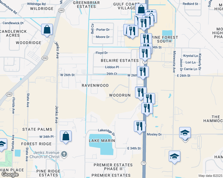 map of restaurants, bars, coffee shops, grocery stores, and more near 110 Cottonwood Circle in Lynn Haven