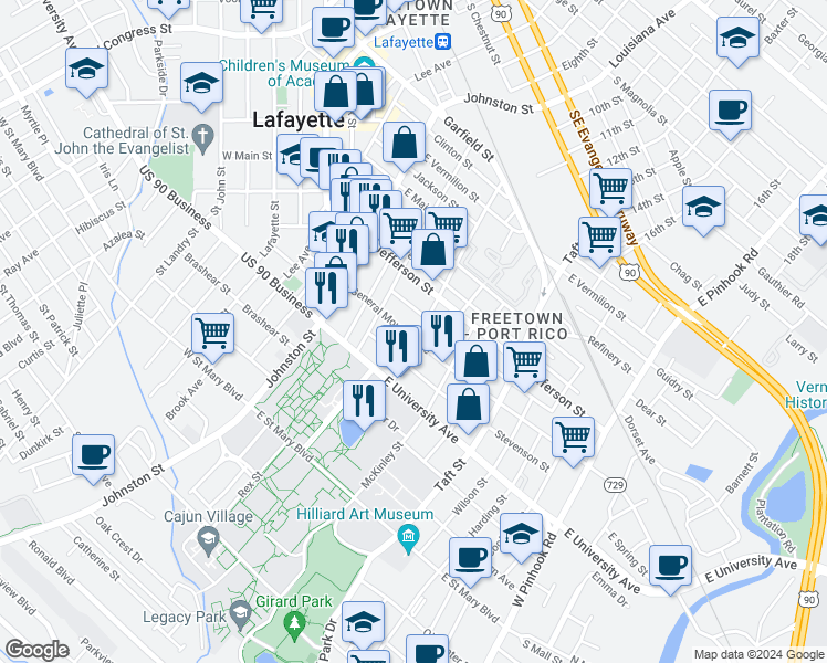 map of restaurants, bars, coffee shops, grocery stores, and more near 317 General Mouton Avenue in Lafayette