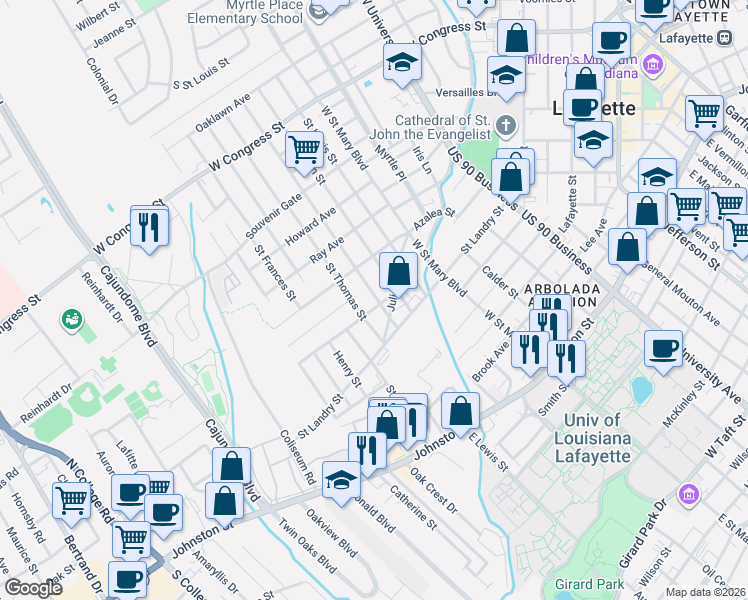 map of restaurants, bars, coffee shops, grocery stores, and more near 322 Saint Patrick Street in Lafayette