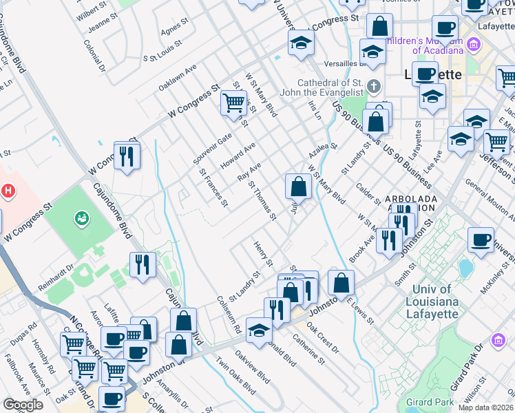 map of restaurants, bars, coffee shops, grocery stores, and more near 315 Saint Thomas Street in Lafayette
