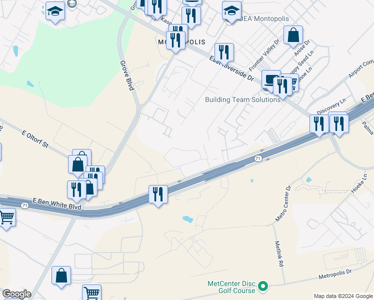 map of restaurants, bars, coffee shops, grocery stores, and more near 7000 East Ben White Boulevard in Austin