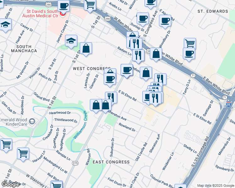 map of restaurants, bars, coffee shops, grocery stores, and more near 4361 South Congress Avenue in Austin