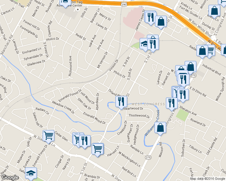map of restaurants, bars, coffee shops, grocery stores, and more near 4616 Raintree Boulevard in Austin