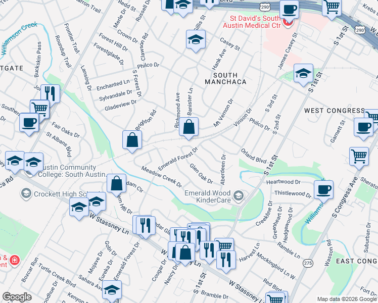 map of restaurants, bars, coffee shops, grocery stores, and more near 5010 Emerald Forest Circle in Austin