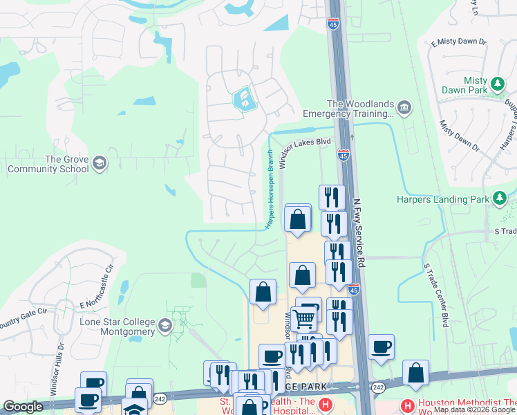 map of restaurants, bars, coffee shops, grocery stores, and more near 11 Marlowe Way in Conroe