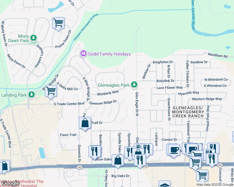 map of restaurants, bars, coffee shops, grocery stores, and more near 2 Terrell Trail Court in Conroe