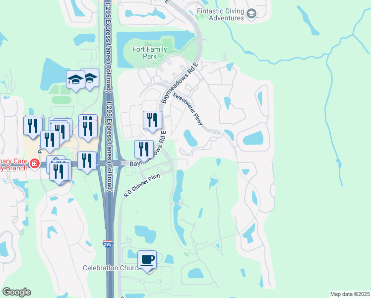 map of restaurants, bars, coffee shops, grocery stores, and more near 9831 Del Webb Parkway in Jacksonville