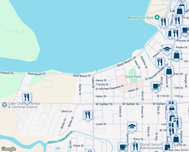 map of restaurants, bars, coffee shops, grocery stores, and more near 1605 Lake Street in Lake Charles