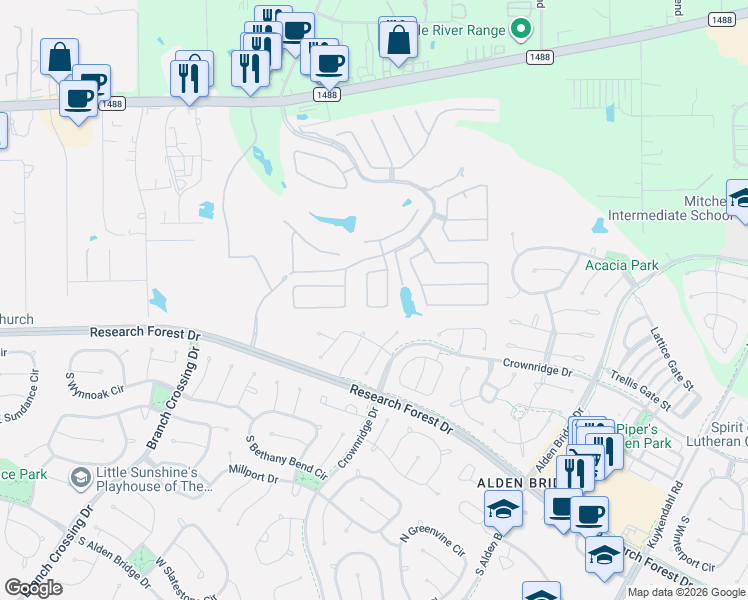 map of restaurants, bars, coffee shops, grocery stores, and more near 433 Flaxen Chestnut in The Woodlands