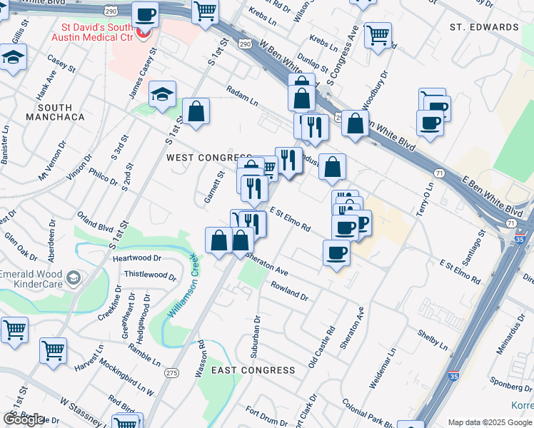 map of restaurants, bars, coffee shops, grocery stores, and more near 4361 South Congress Avenue in Austin