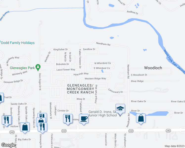 map of restaurants, bars, coffee shops, grocery stores, and more near 10003 Hyacinth Way in Conroe