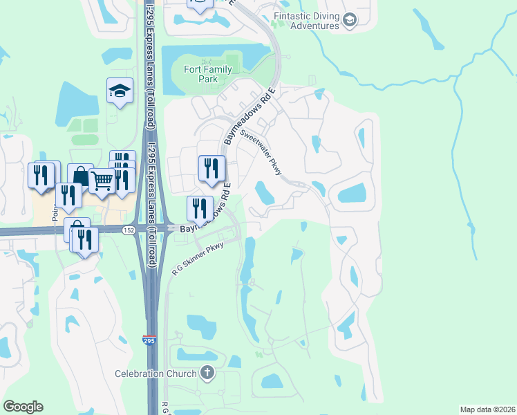 map of restaurants, bars, coffee shops, grocery stores, and more near 9831 Del Webb Parkway in Jacksonville