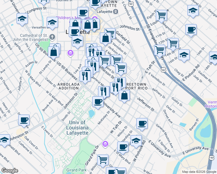 map of restaurants, bars, coffee shops, grocery stores, and more near 908 Lamar Street in Lafayette