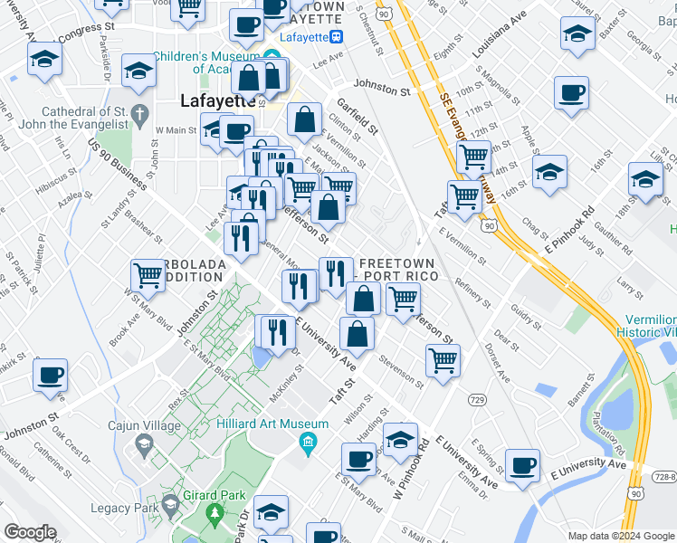 map of restaurants, bars, coffee shops, grocery stores, and more near 419 Cleveland Street in Lafayette