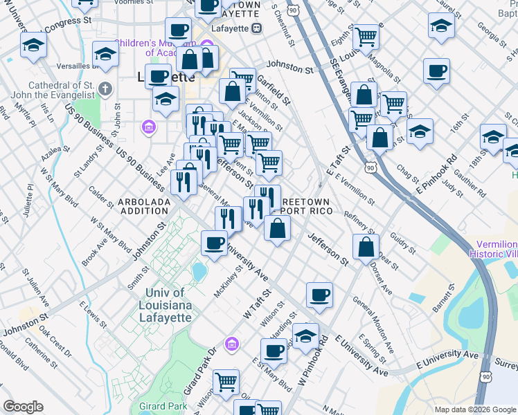 map of restaurants, bars, coffee shops, grocery stores, and more near 813 Lamar Street in Lafayette