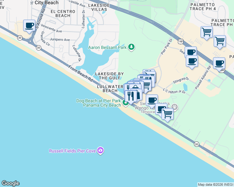 map of restaurants, bars, coffee shops, grocery stores, and more near 16328 Front Beach Road in Panama City Beach