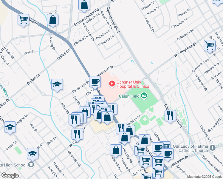 map of restaurants, bars, coffee shops, grocery stores, and more near 2390 West Congress Street in Lafayette