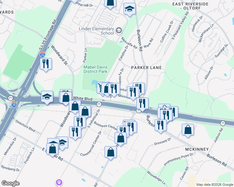 map of restaurants, bars, coffee shops, grocery stores, and more near 3601 Catalina Drive in Austin
