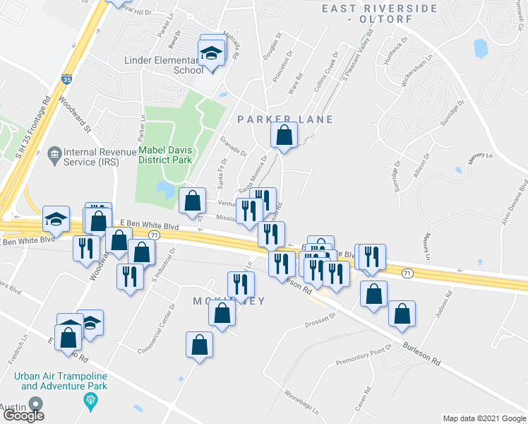 map of restaurants, bars, coffee shops, grocery stores, and more near 2408 Ventura Drive in Austin