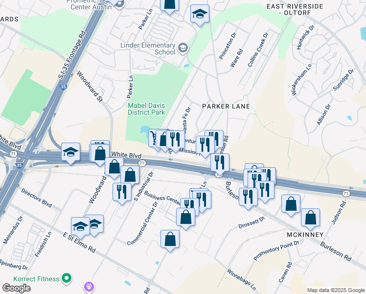 map of restaurants, bars, coffee shops, grocery stores, and more near 2305 Ventura Drive in Austin