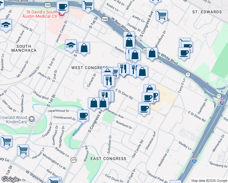 map of restaurants, bars, coffee shops, grocery stores, and more near 4361 South Congress Avenue in Austin