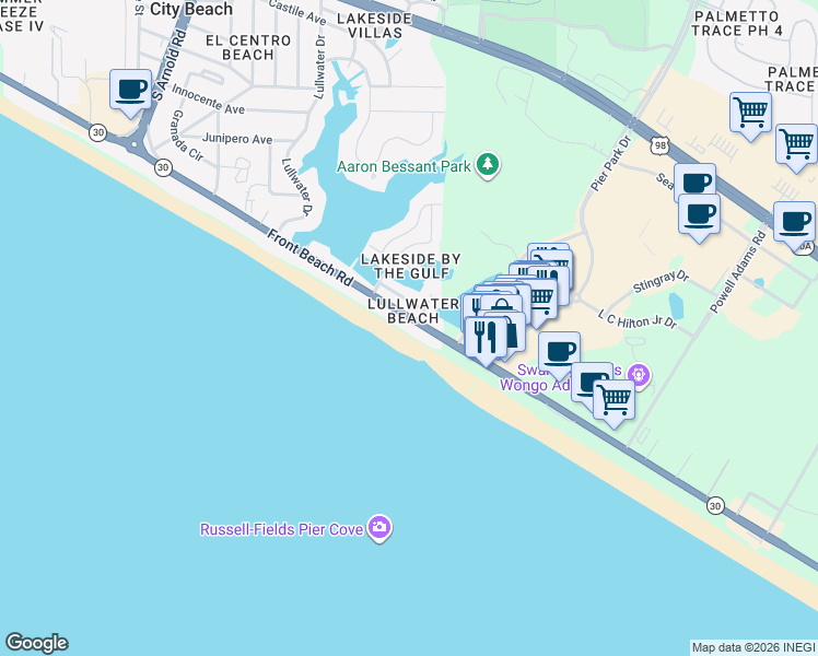 map of restaurants, bars, coffee shops, grocery stores, and more near 16405 Front Beach Road in Panama City Beach