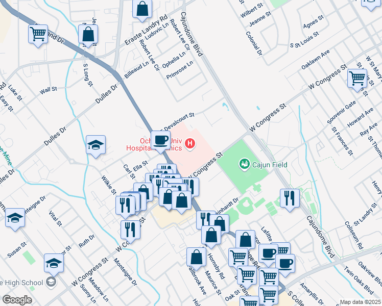 map of restaurants, bars, coffee shops, grocery stores, and more near 2390 West Congress Street in Lafayette