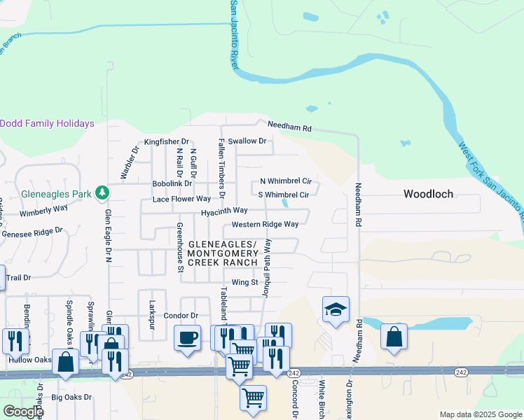 map of restaurants, bars, coffee shops, grocery stores, and more near 10003 Hyacinth Way in Conroe