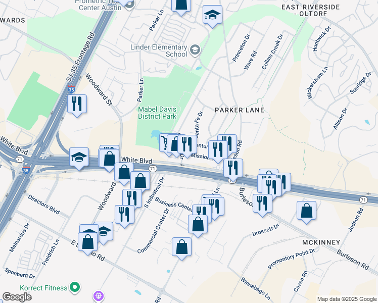 map of restaurants, bars, coffee shops, grocery stores, and more near 2218 Mission Hill Circle in Austin