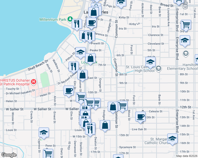 map of restaurants, bars, coffee shops, grocery stores, and more near 405 East Street in Lake Charles