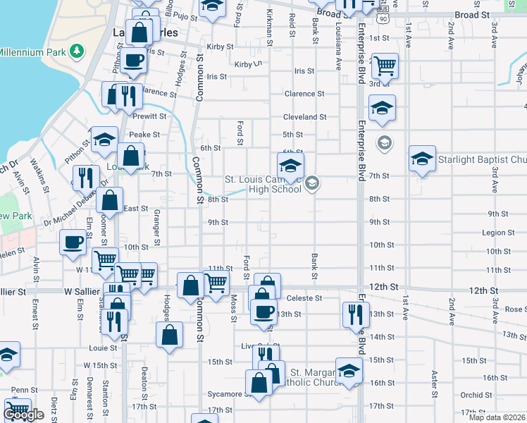 map of restaurants, bars, coffee shops, grocery stores, and more near 1724 Kirkman Street in Lake Charles