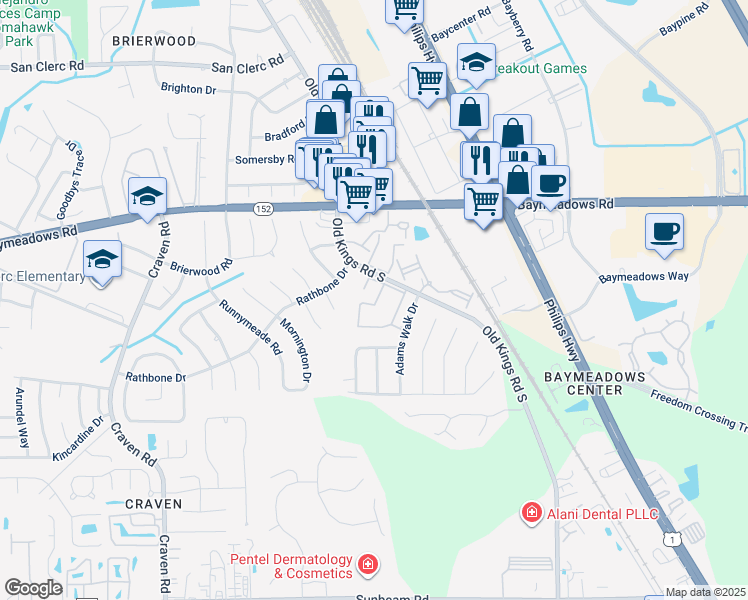 map of restaurants, bars, coffee shops, grocery stores, and more near 8880 Old Kings Road South in Jacksonville