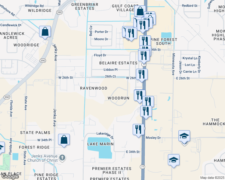 map of restaurants, bars, coffee shops, grocery stores, and more near 110 Cottonwood Circle in Lynn Haven