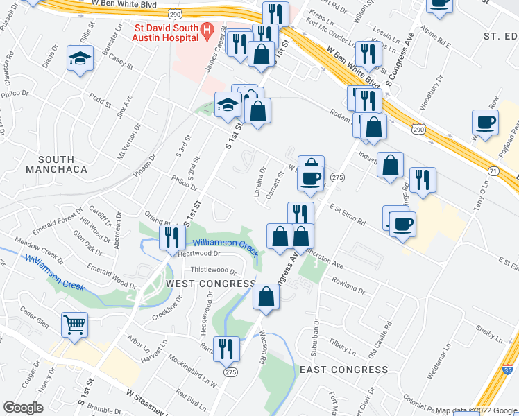 map of restaurants, bars, coffee shops, grocery stores, and more near 4512 Lareina Drive in Austin