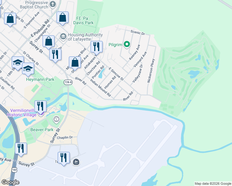 map of restaurants, bars, coffee shops, grocery stores, and more near 111 Plaquemine Road in Lafayette
