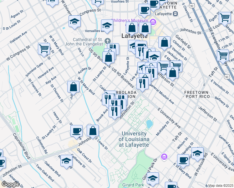 map of restaurants, bars, coffee shops, grocery stores, and more near 303 Brashear Street in Lafayette