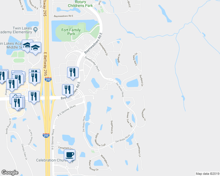 map of restaurants, bars, coffee shops, grocery stores, and more near 9831 Del Webb Parkway in Jacksonville