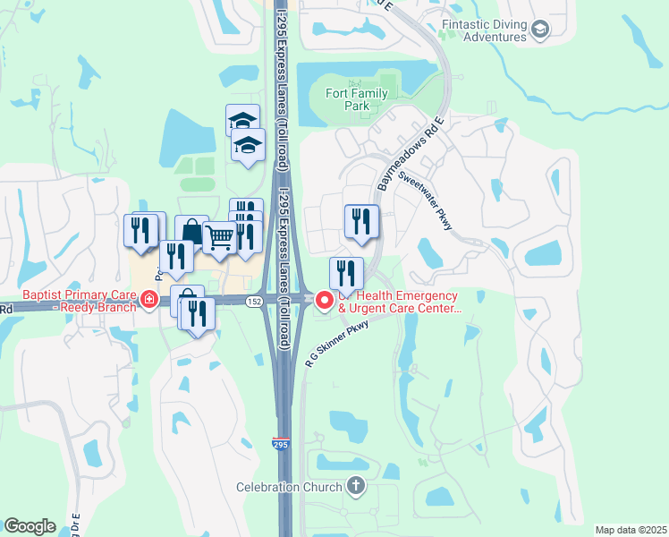map of restaurants, bars, coffee shops, grocery stores, and more near 11395 Baymeadows Road East in Jacksonville
