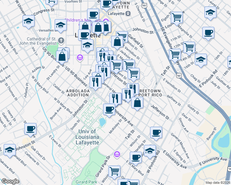 map of restaurants, bars, coffee shops, grocery stores, and more near 317 General Mouton Avenue in Lafayette