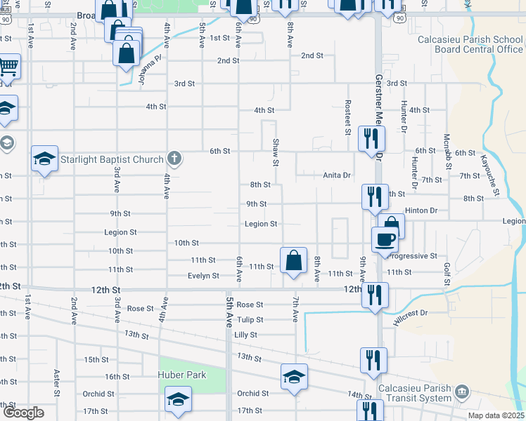 map of restaurants, bars, coffee shops, grocery stores, and more near 2212 9th Street in Lake Charles