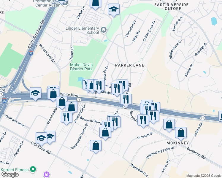 map of restaurants, bars, coffee shops, grocery stores, and more near 2305 Ventura Drive in Austin