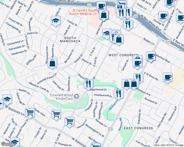 map of restaurants, bars, coffee shops, grocery stores, and more near 4609 South 2nd Street in Austin