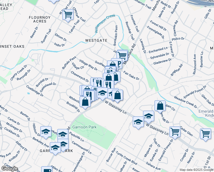 map of restaurants, bars, coffee shops, grocery stores, and more near 5408 Menchaca Road in Austin