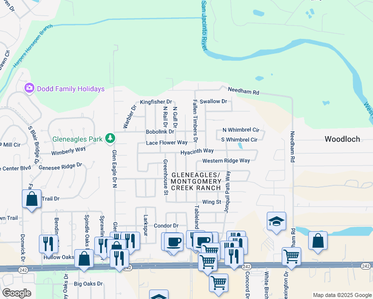 map of restaurants, bars, coffee shops, grocery stores, and more near 9909 Hyacinth Way in Conroe
