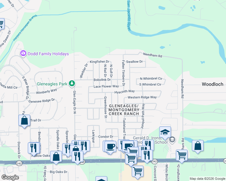 map of restaurants, bars, coffee shops, grocery stores, and more near 9884 Lace Flower Way in Conroe