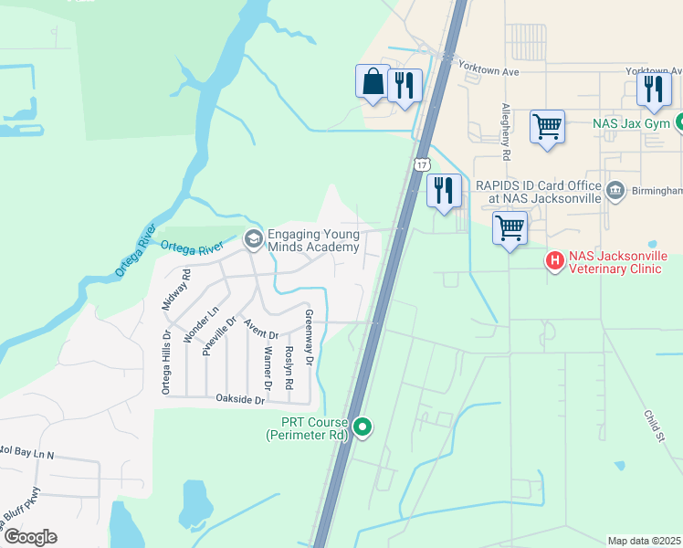 map of restaurants, bars, coffee shops, grocery stores, and more near 7135 Railey Circle in Jacksonville