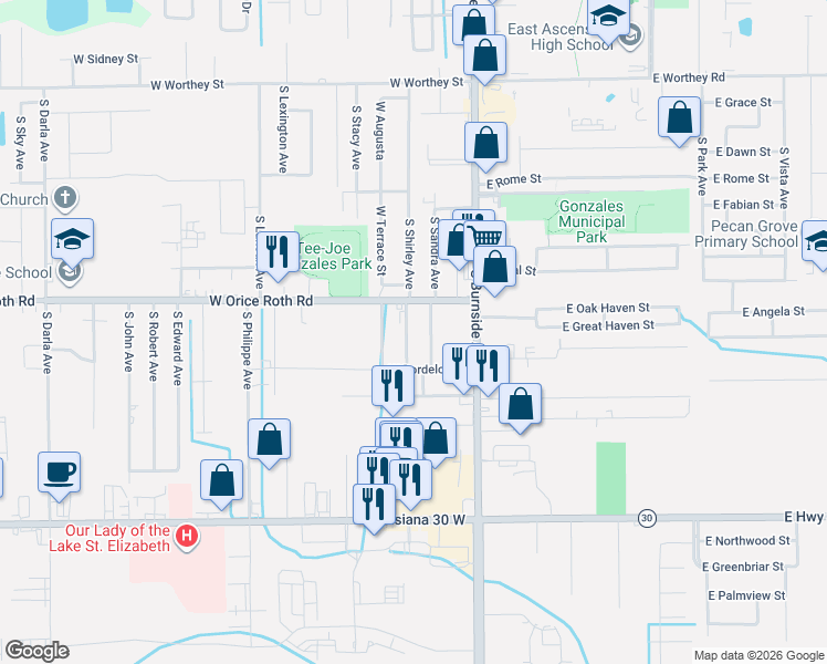 map of restaurants, bars, coffee shops, grocery stores, and more near 1927 South Gaudin Avenue in Gonzales