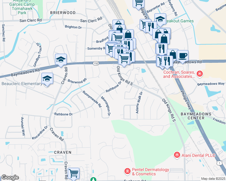 map of restaurants, bars, coffee shops, grocery stores, and more near 8998 Woburn Court in Jacksonville
