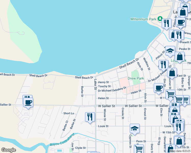 map of restaurants, bars, coffee shops, grocery stores, and more near 1608 Lake Street in Lake Charles